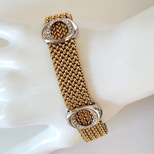 Italian 14K Yellow/White Gold Woven Mesh Diamond Oval Station Bracelet